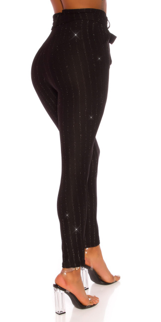 Sexy hoge taille broek met glitter en riem zwart